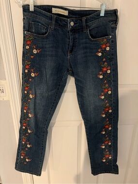 Pilcro and the Letterpress Dark Wash Jeans with Red & White Floral Embroidery